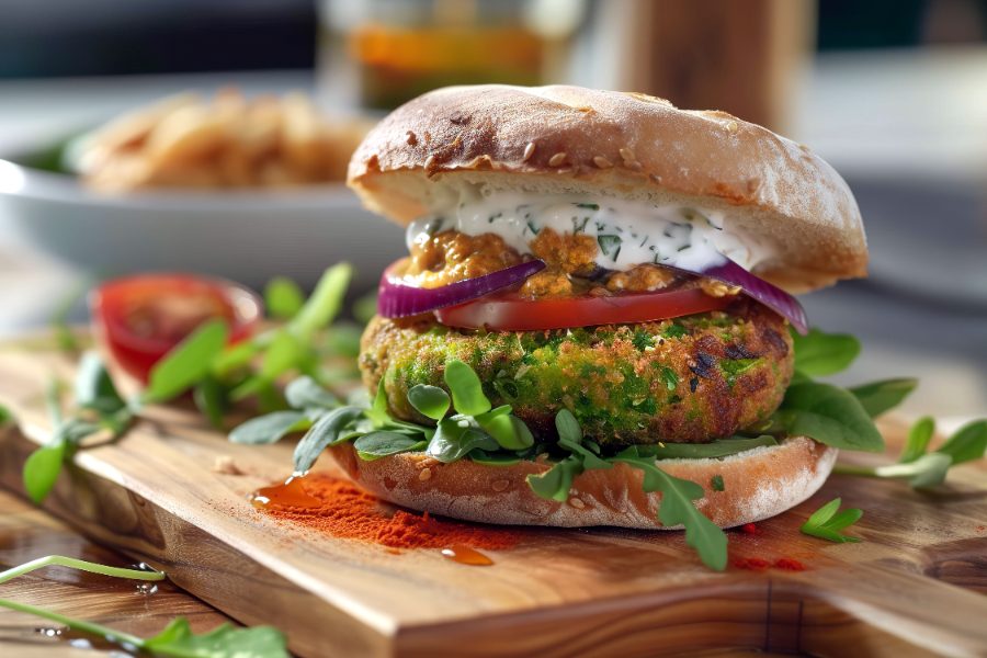 Hamburguesa de legumbres con patatas especiadas